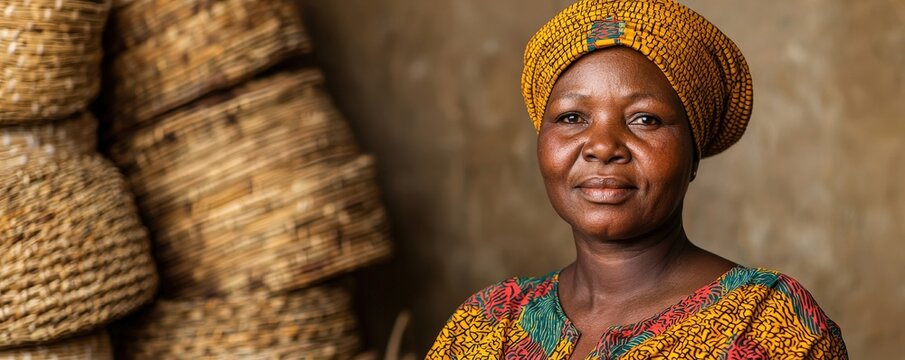 Financial Inclusion microfinance concept. A woman in traditional attire smiles among woven baskets.