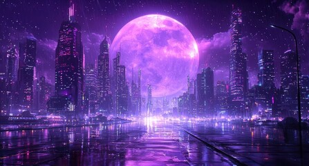 Obraz premium Dark sky concept. A futuristic cityscape under a large purple moon, illuminated by vibrant neon lights.