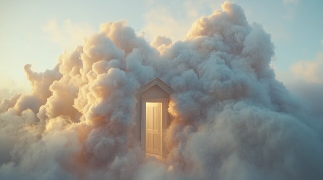 A door emerges from a cloud, bathed in warm sunset light.  Hope, mystery, and journey are implied