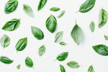 Fresh vibrant basil leaves scattered on white background creating a natural and healthy pattern overhead shot
