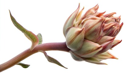 Obraz premium A young, unopened artichoke with reddish-purple and green stripes, shown on a stem against a white background