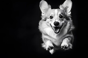 Joyful Corgi in Motion - Black and White Portrait