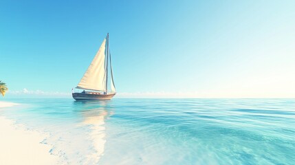 Fototapeta premium Sailboat on tranquil turquoise ocean near pristine beach with palm tree
