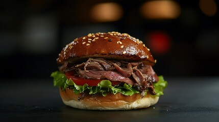 Delicious Pulled Beef Burger On Sesame Bun