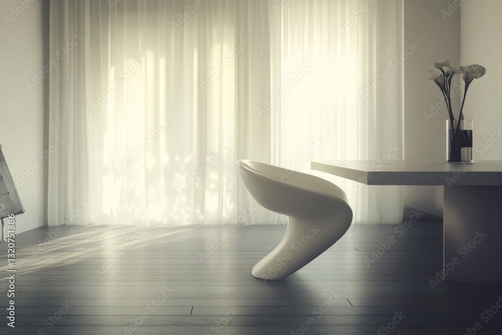 Poster a simple setting with a white chair and table in a room, perfect for illustrations or decorative pur