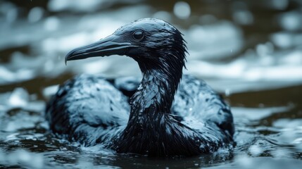 Bird swimming in dark water during a cloudy day with ripples surrounding it, showcasing detailed feathers and texture in its wet plumage