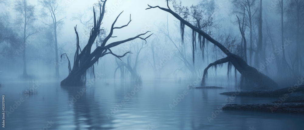 Poster lush vegetation and calm waters in a dense forest environment