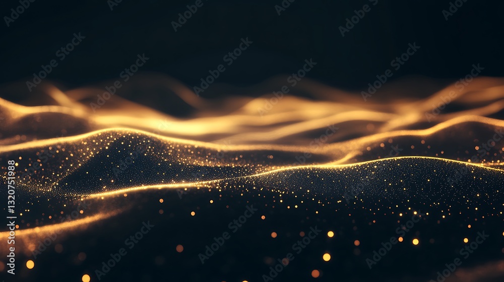 Aufkleber abstract golden waves with glowing particles on a dark background.