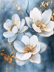 Abstract blue and gold floral painting, gray background, white flowers, golden details, watercolor, alcohol ink effect, 3D effect.
