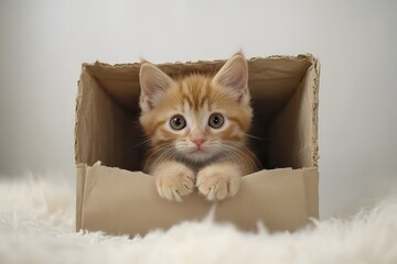 Curious Ginger Kitten Peeking Out from a Cardboard Box
