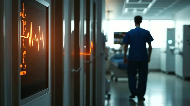 A cardiologist silhouetted in an ICU doorway with heart monitor beeping