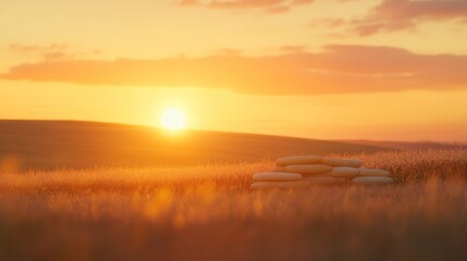 Obraz premium Golden sunset over a wheat field with a stack of pale objects