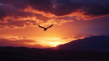 Naklejka premium Sunset silhouette of a bird soaring above sand dunes and mountains