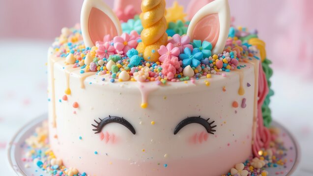 A delightful unicorn cake adorned with colorful sprinkles and a whimsical design, perfect for celebrations.