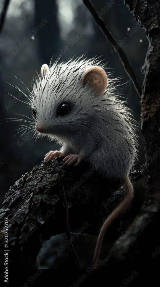 Poster a close-up shot of a white rat sitting on the top of a tree branch, looking around