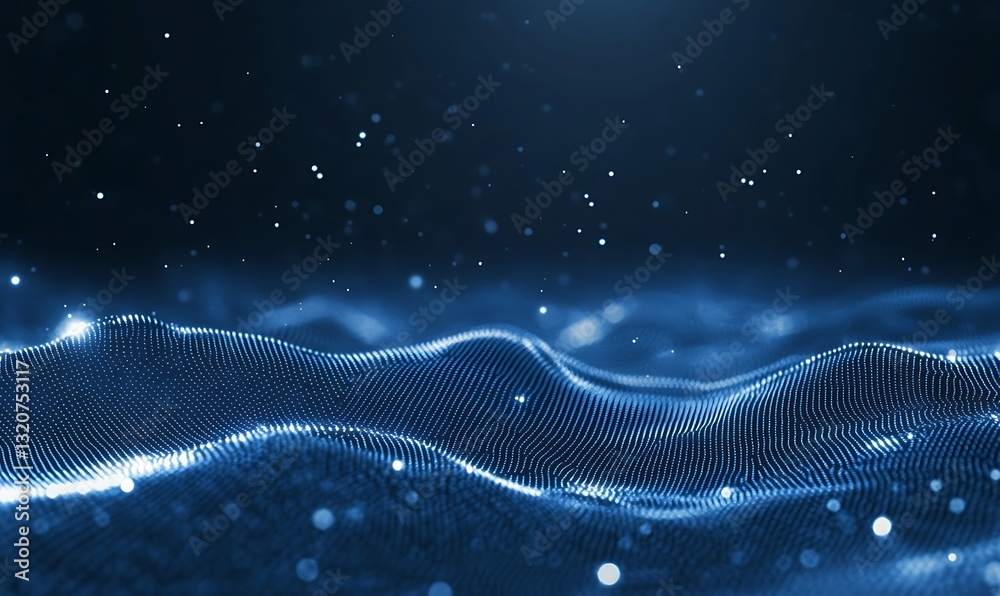 Poster Abstract digital waves with sparkling particles in a dark blue environment.