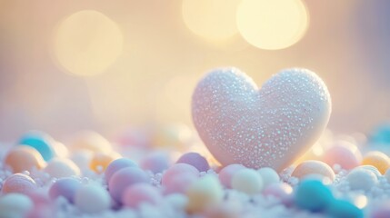 Fototapeta premium Sparkling heart on pastel spheres, bokeh background