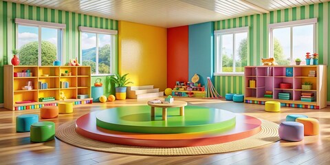 Blank Podium in Colorful Kindergarten Classroom with Playful Toys - Panoramic Stock Photo
