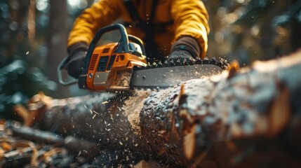Using a chainsaw to cut logs in a forest during autumn, capturing the essence of woodwork and nature