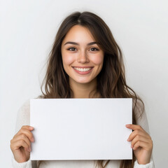 Naklejka premium Smiling woman holding blank white board on white background