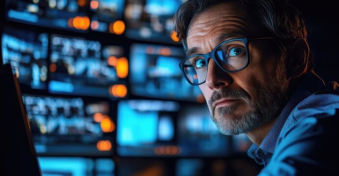 Man focused on multiple screens in a dark room while monitoring live feeds during a critical event