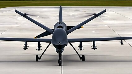 Drone aircraft on runway, preparing for flight, military base background
