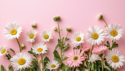 Vibrant display of daisies and pink flowers on a soft pink backdrop during springtime celebration