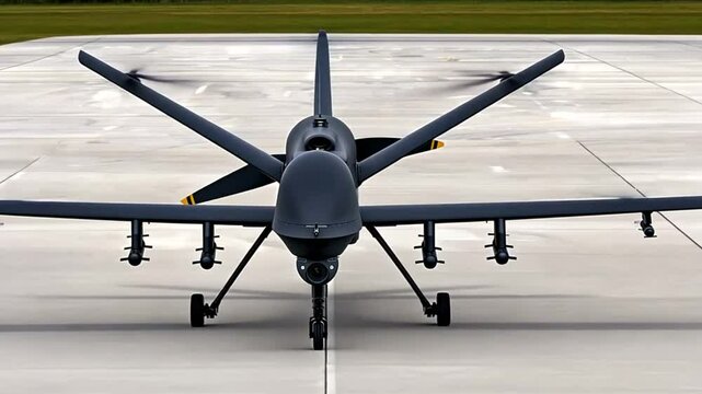 Drone aircraft on runway, preparing for flight, military base background