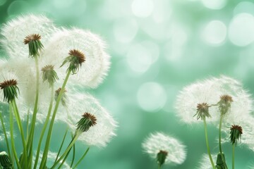Obraz premium Dandelion seeds float gracefully in soft light during springtime in a serene garden setting filled with vibrant greens