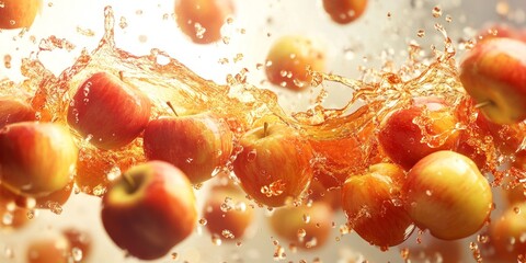 Dynamic apple and cider toss captured in vibrant motion