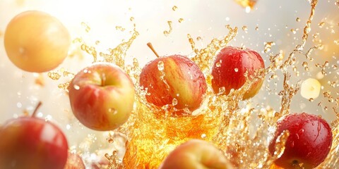 Dynamic apple and cider toss captured in vibrant motion