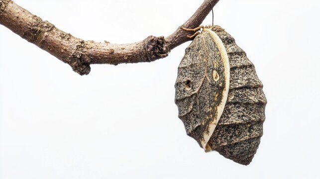Moth chrysalis hanging from a twig, split open revealing the pupa inside