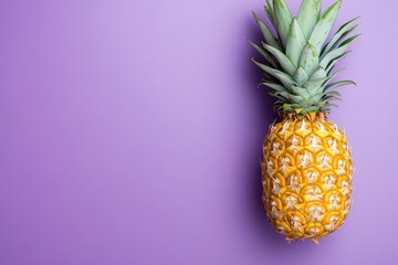 A golden ripe pineapple with green leafy top resting on purple surface