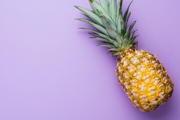 A ripe and textured pineapple lies on a colorful background