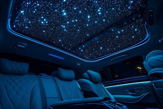 Luxury car interior night blue starlight headliner elegant design led roof dark seats fiber cabin