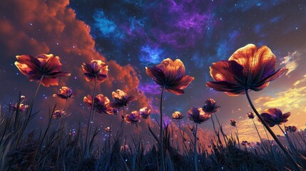 Obraz premium Vibrant Flowers Under Cosmic Sky with Colorful Clouds and Stars
