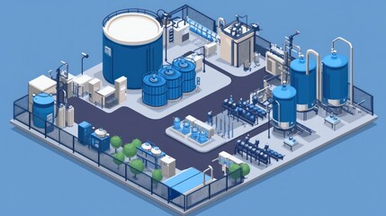 Isometric view of a water treatment plant with various tanks, pipes, and filtration systems