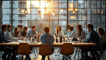 Boardroom Brainstorm: A group of business professionals engages in a lively discussion around a large conference table. The setting is a modern boardroom.