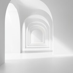 Fototapeta premium Light filled interior space featuring a clean white modern corridor with archways and bright sunny light