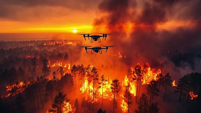 Drones Amidst Inferno: Two surveillance drones hover over a raging wildfire in a forest, capturing the devastation of flames and smoke at sunset.