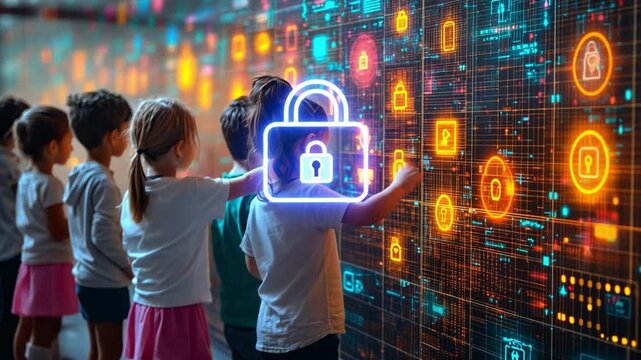 Future Guardians: A group of children stand before a digital screen adorned with glowing icons and a prominent padlock symbol, representing the future of security and their role in protecting it.