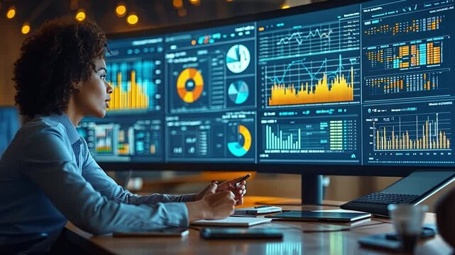 Data Analysis: A focused businesswoman scrutinizes a dynamic array of interconnected digital interfaces, displaying detailed charts, graphs, and data visualizations, reflecting analytical depth.