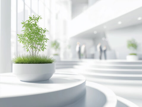 Small tree growing in modern office building lobby