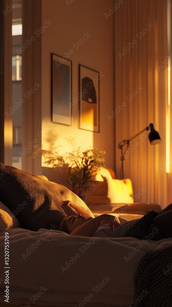 Aufkleber A person lying down on a bed in a dimly lit room, suitable for use as a background or scene in various projects