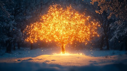 A tree on fire in the middle of a snowy forest, glowing brightly against the white backdrop