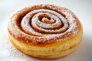 Fototapeta premium Delightful cinnamon swirl bun pastry artfully adorned with icing sugar inviting warm indulgence