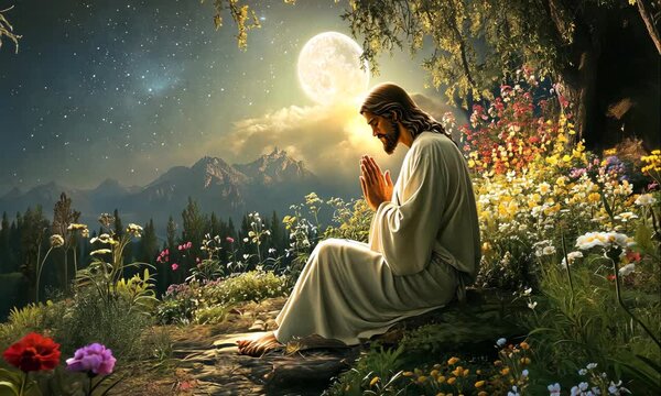 Jesus Praying in the Garden of Gethsemane, with Beautiful Colorful Flowers, at Night, with the Moonlight Shining on Him
