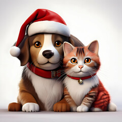A Heartwarming Christmas Cuddle Between A Beagle Puppy Wearing A Santa Hat And An Adorable Ginger Kitten, Both Sporting Festive Red Collars Against A Soft, Bright Background