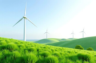 Fototapeta premium Wind turbines and grassy hills flora. Natural energy concept.