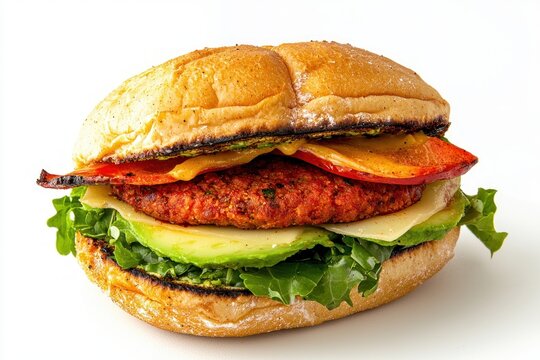 Mouthwatering gourmet burger with fresh vegetables and melted cheese on a white background